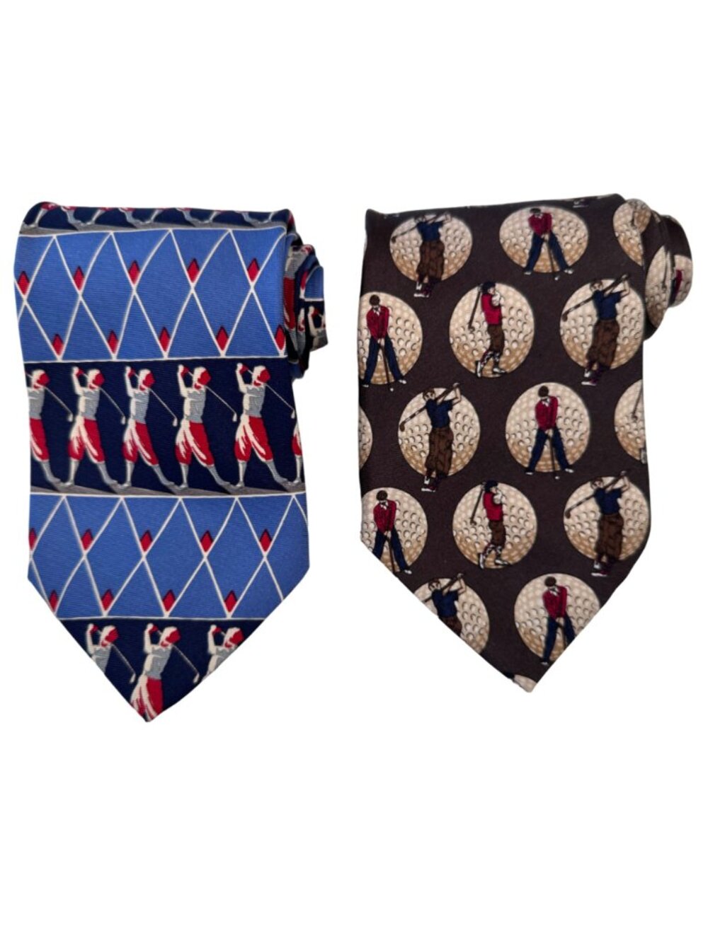 Sterling Hunt Brown OLMO 100% Silk Necktie Blue Red GOLF Print Tie 59" Lot of 2 - Picture 2 of 11